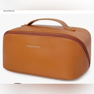 Travel Makeup Toiletry Cosmetic Bag Organizer. Opens flat. Golden Brown. Large